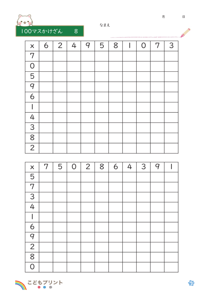 100マスかけざん8のプリント画像