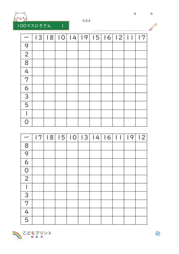 100マスひきざん1のプリント