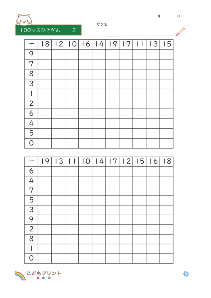 100マスひきざん2のプリント