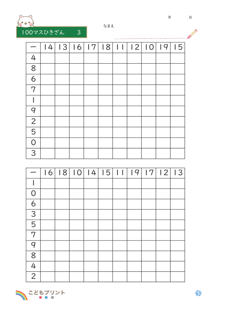 100マスひきざん3のプリント