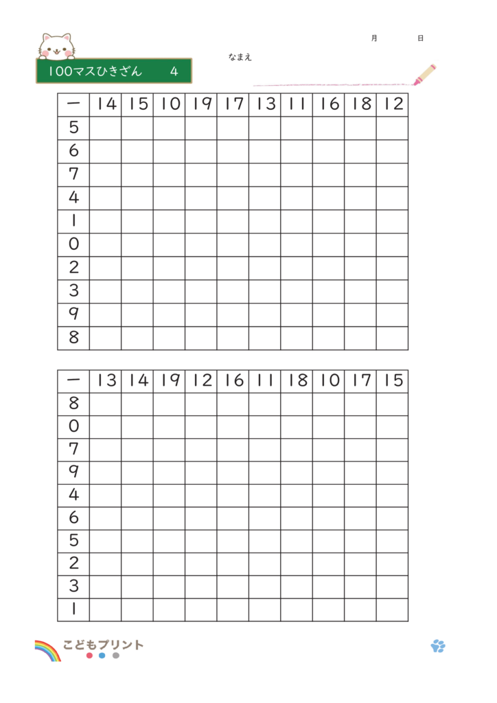 100マスひきざん4のプリント