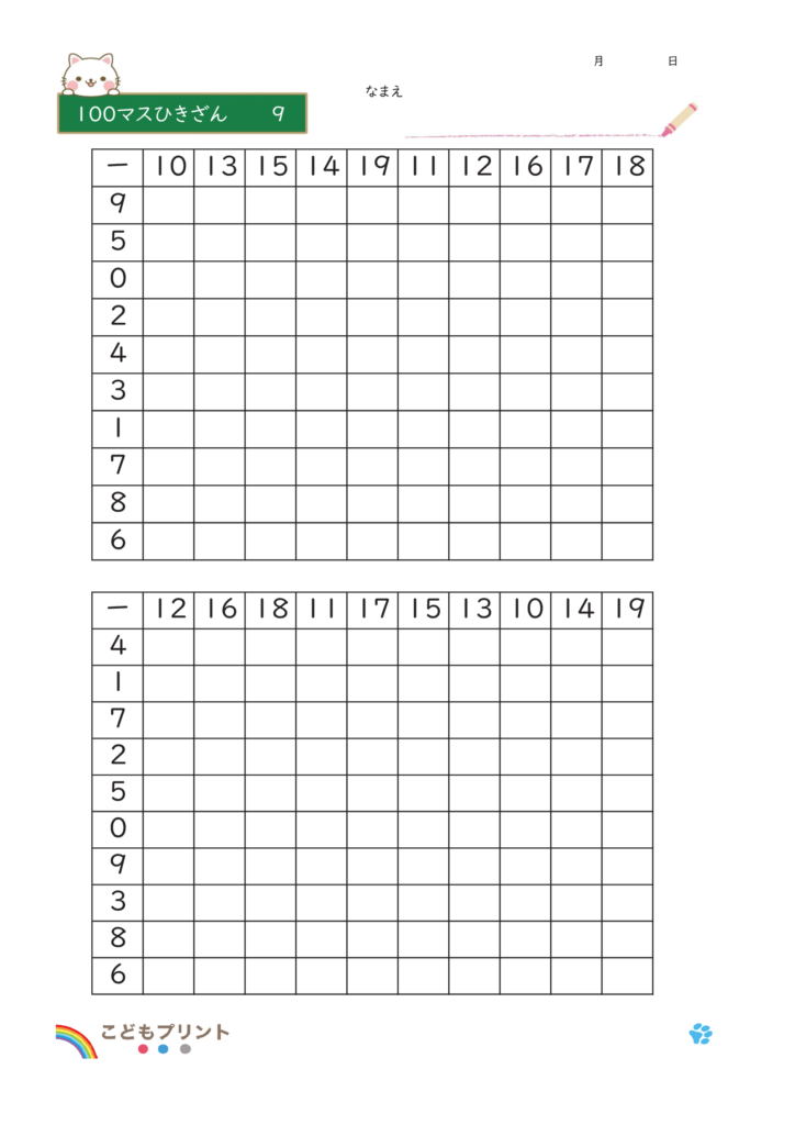 100マスひきざん9のプリント