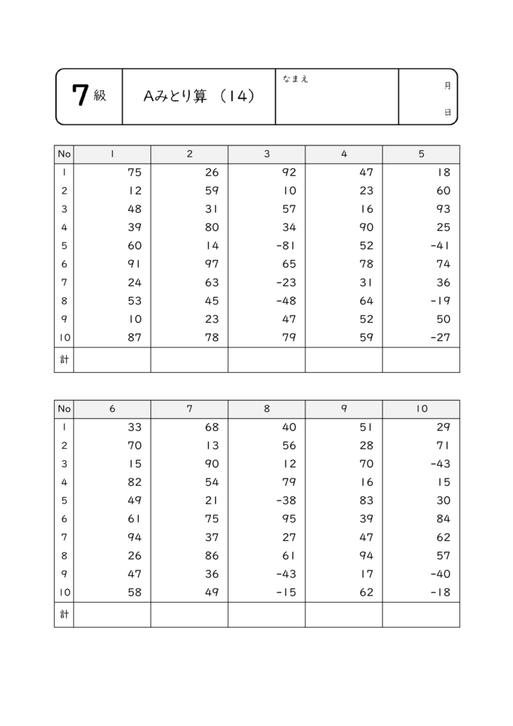 そろばん珠算7級問題 もんだい14