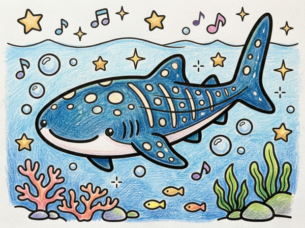 海を泳ぐ大きなジンベエザメのぬりえ