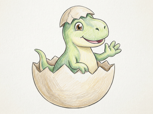 たまごの殻を頭に乗せて、元気に手を振っているかわいいティラノサウルスの赤ちゃんのぬりえイラスト