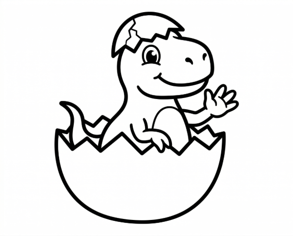 卵から顔を出して手を振る、かわいいティラノサウルスの赤ちゃんのぬりえ