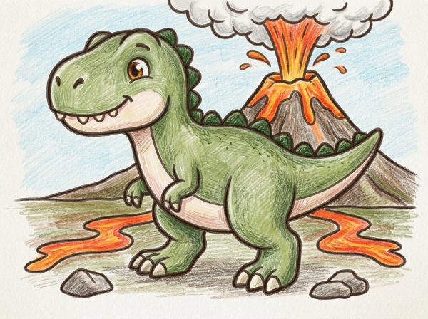 火山の前の可愛いティラノサウルスのぬりえ。キッズ向け恐竜イラスト。