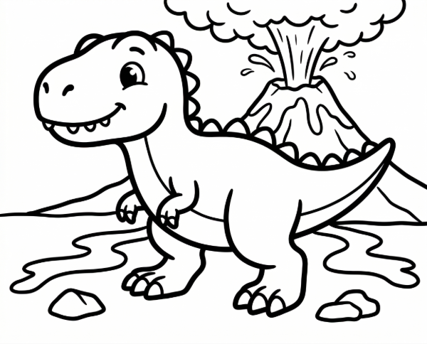 噴火する火山を背景に、可愛くポーズをとるティラノサウルスの線画イラスト（塗り絵用）