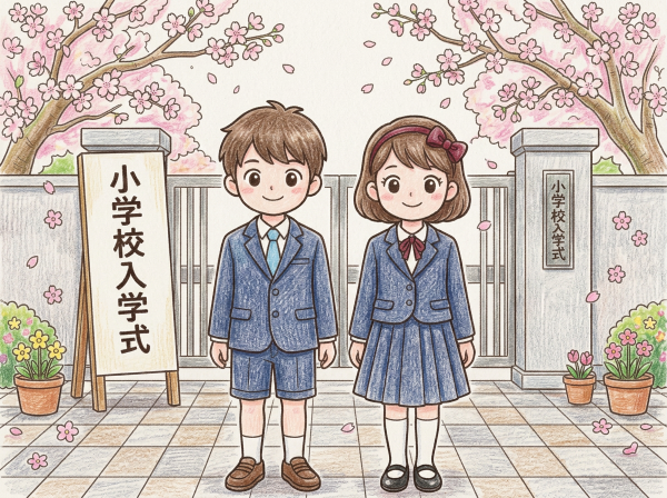 小学校入学式のぬりえ（桜の前に立つ男の子と女の子）