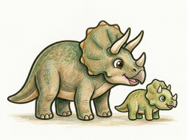 親トリケラトプスと子どもが葉っぱの近くにいる白黒線画