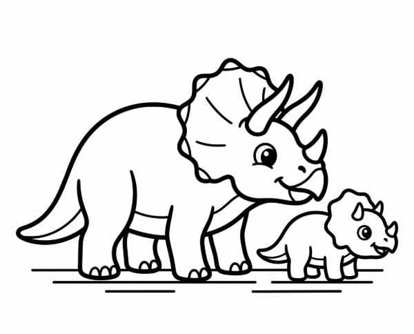 親トリケラトプスと子どもが葉っぱの近くにいる白黒線画