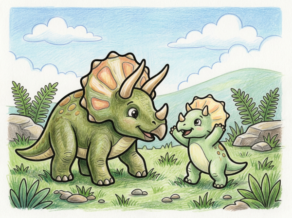 草原で向かい合っている親子トリケラトプスの白黒線画
