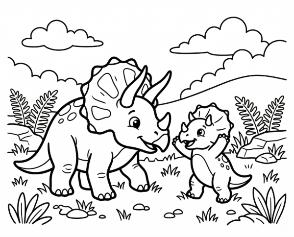 草原で向かい合っている親子トリケラトプスの白黒線画