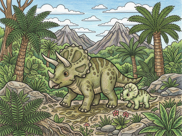 古代の森の中を歩く親子トリケラトプスの細かい白黒線画