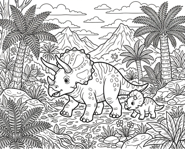 古代の森の中を歩く親子トリケラトプスの細かい白黒線画