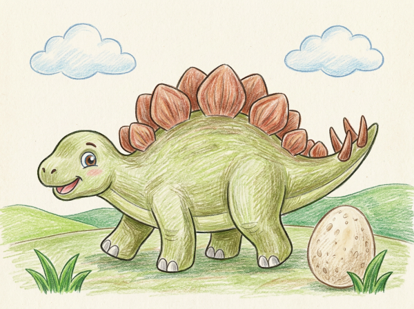 歩いているステゴサウルスとそばにあるたまごの色鉛筆