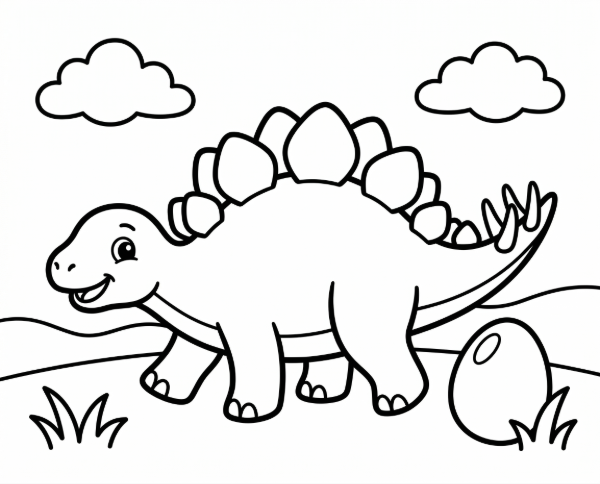 歩いているステゴサウルスとそばにあるたまごの白黒線画