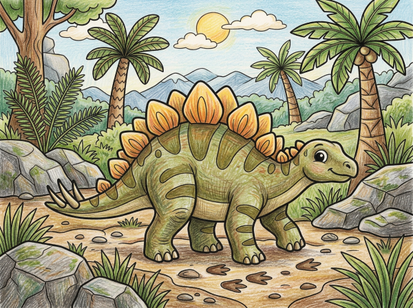 森の中を歩くステゴサウルスの白黒線画