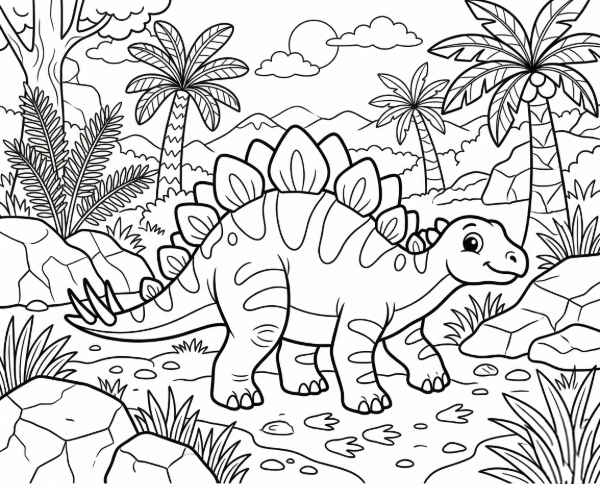 森の中を歩くステゴサウルスの白黒線画
