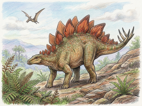 古代の自然の中を歩くステゴサウルスを細かく描いた、超細かい難易度の恐竜ぬりえ色見本