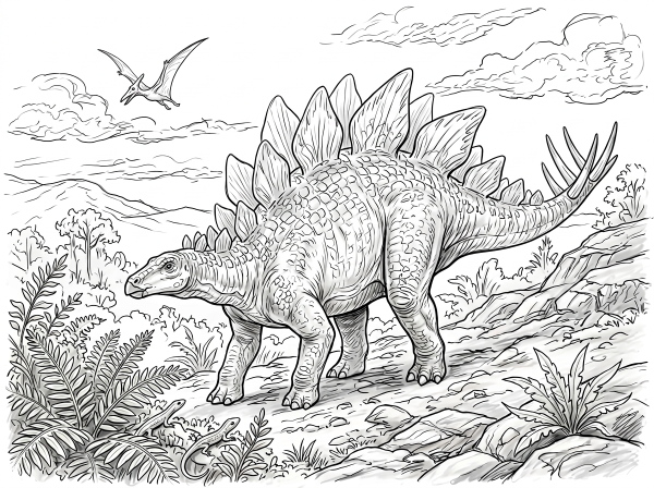 古代の自然の中を歩くステゴサウルスを細かく描いた、超細かい難易度のリアル恐竜ぬりえ