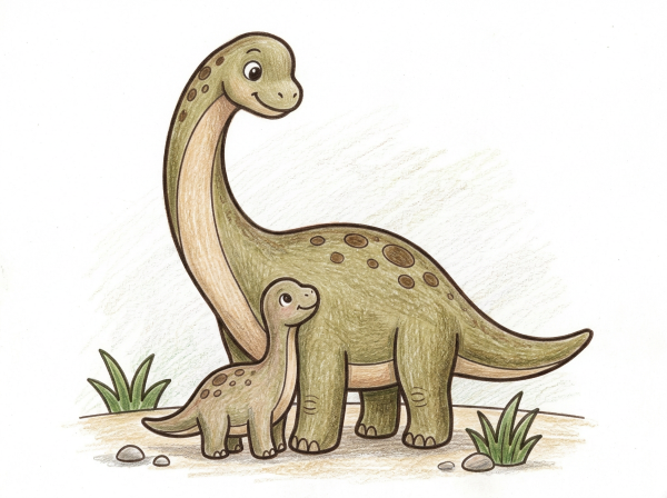 大きな親ブラキオサウルスと小さな子どもが並んで立っている塗り絵見本