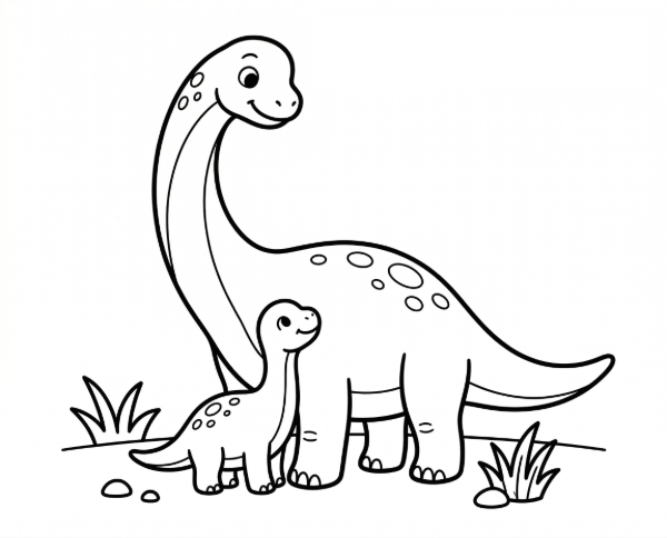 大きな親ブラキオサウルスと小さな子どもが並んで立っている塗り絵