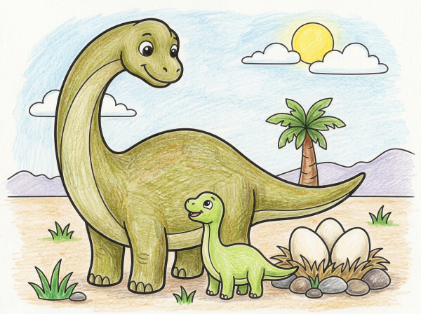 親子のブラキオサウルスのそばに大きなたまごがある塗り絵見本