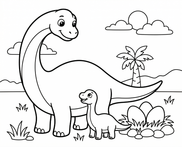 親子のブラキオサウルスのそばに大きなたまごがある塗り絵