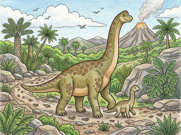 親子のブラキオサウルスが古代の森を歩いている塗り絵見本