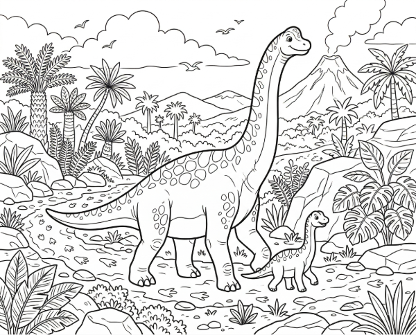 親子のブラキオサウルスが古代の森を歩いている塗り絵