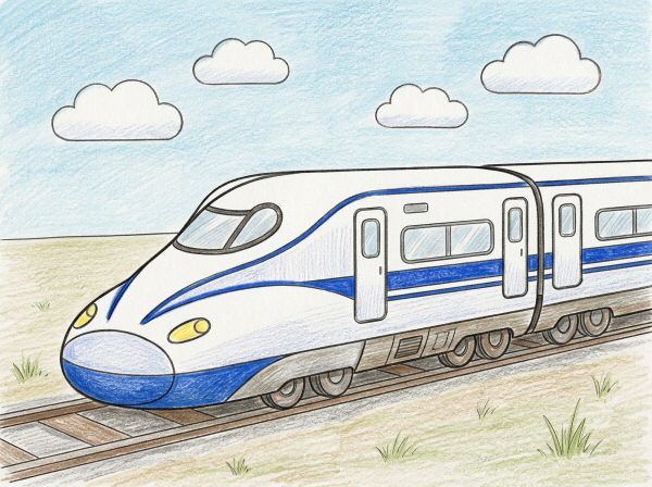 線路の上を走る新幹線N700Sを描いた子ども向けぬりえ用の白黒線画
