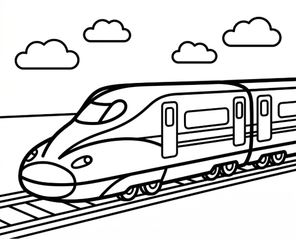 線路の上を走る新幹線N700Sを描いた子ども向けぬりえ用の白黒線画