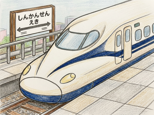 新幹線N700Sが駅のホームに停車している子ども向けぬりえ用の白黒線画