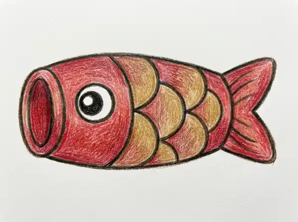 空を泳ぐ1匹のこいのぼりを大きく描いた子どもの日向けのぬりえ