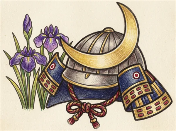 しょうぶの葉と一緒に描かれたかぶとのぬりえ