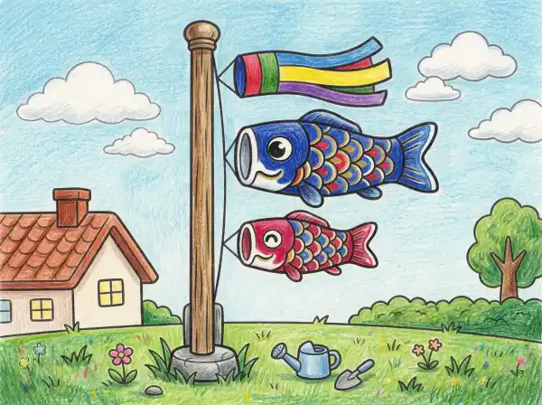 庭に飾られた親子2匹のこいのぼりとポールを描いた子どもの日向けのぬりえ色見本