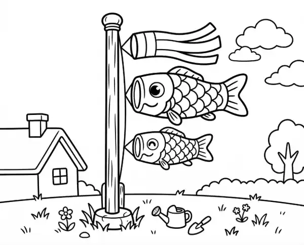 庭に飾られた親子2匹のこいのぼりとポールを描いた子どもの日向けのぬりえ