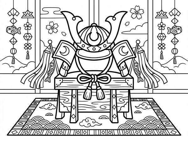 飾り台の上のかぶとと吹き流しが描かれたぬりえ
