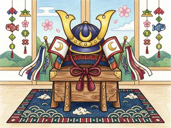 飾り台の上のかぶとと吹き流しが描かれたぬりえ見本