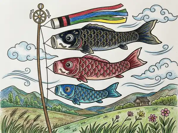 青空を泳ぐ複数匹のこいのぼりと雲を描いた子どもの日向けのぬりえ