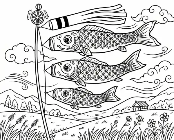 青空を泳ぐ複数匹のこいのぼりと雲を描いた子どもの日向けのぬりえ