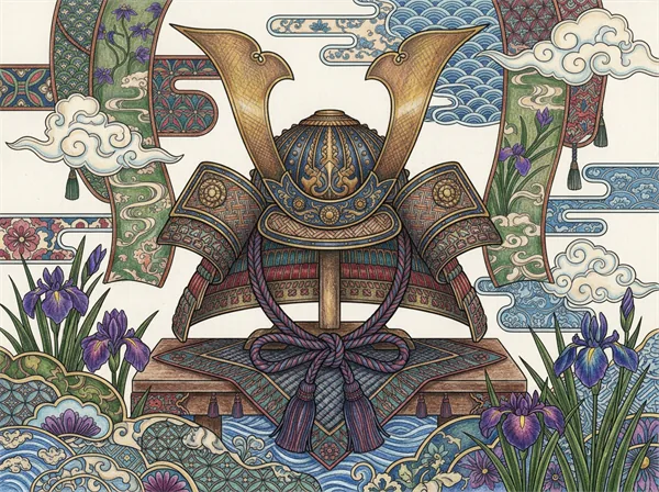 和柄の装飾とかぶと飾りを精密に描いた大人向けぬりえ見本