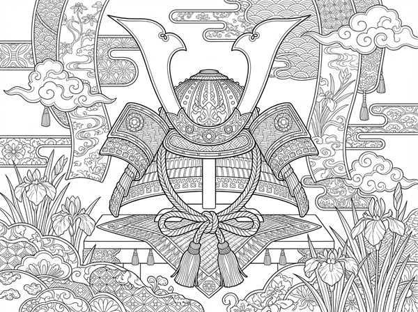 和柄の装飾とかぶと飾りを精密に描いた大人向けぬりえ