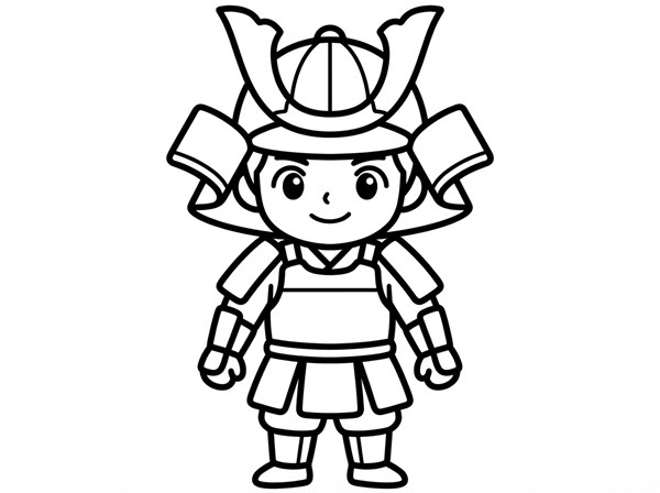 正面を向いて立つこどもの日の武者の白黒線画
