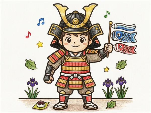 こいのぼりを持って立つこどもの日の武者の色見本