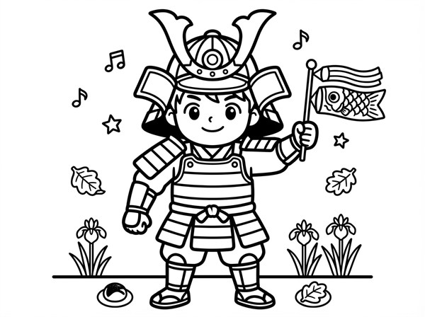 こいのぼりを持って立つこどもの日の武者の白黒線画