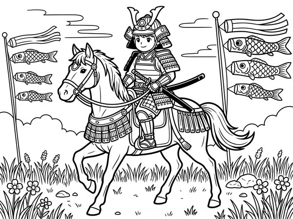 馬に乗って進むこどもの日の武者の白黒線画
