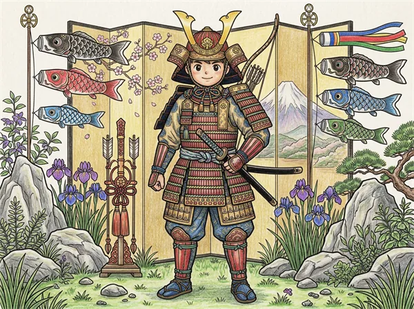 精密な鎧姿で立つ武者と節句飾りの大人向け色見本