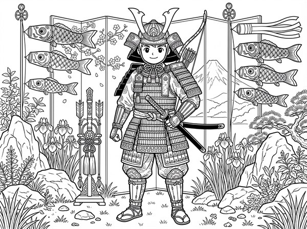 精密な鎧姿で立つ武者と節句飾りの大人向け白黒線画